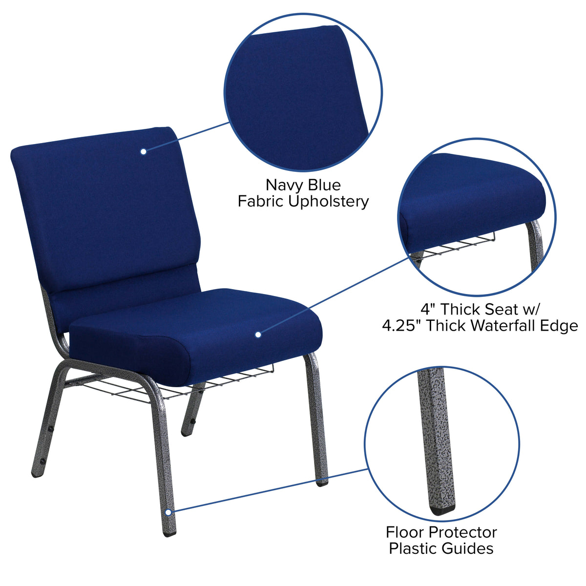 Navy Blue Fabric/Silver Vein Frame |#| 21inchW Church Chair in Navy Blue Fabric with Cup Book Rack - Silver Vein Frame