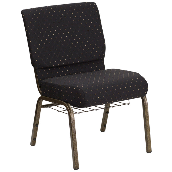 Black Dot Patterned Fabric/Gold Vein Frame |#| 21inchW Church Chair in Black Dot Patterned Fabric with Cup Book Rack - Gold Frame