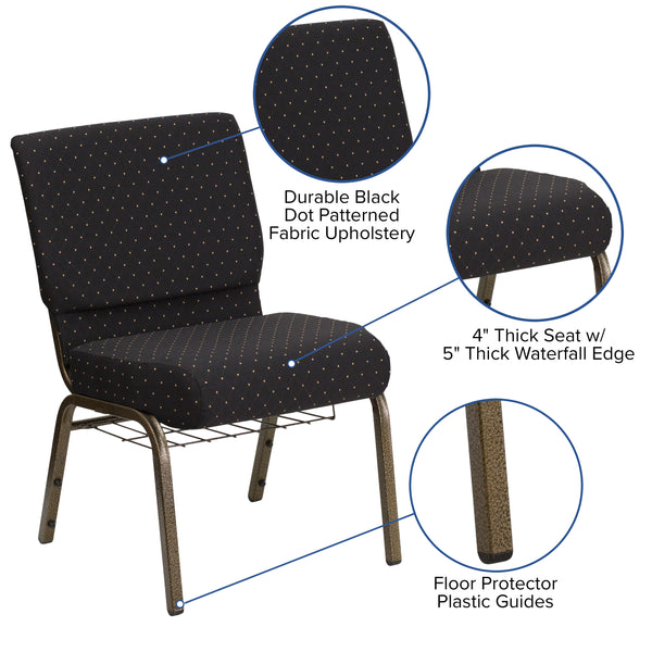 Black Dot Patterned Fabric/Gold Vein Frame |#| 21inchW Church Chair in Black Dot Patterned Fabric with Cup Book Rack - Gold Frame