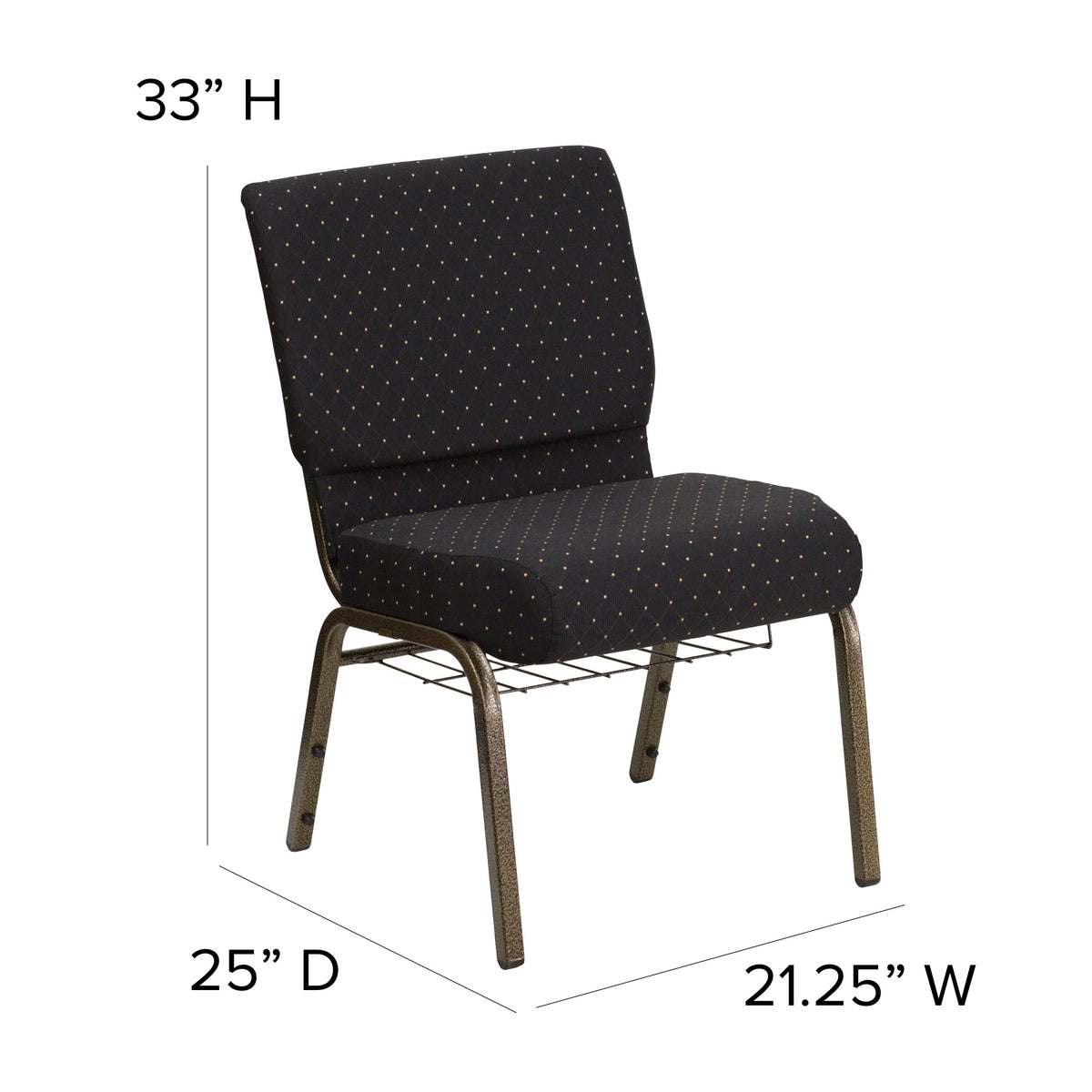 Black Dot Patterned Fabric/Gold Vein Frame |#| 21inchW Church Chair in Black Dot Patterned Fabric with Cup Book Rack - Gold Frame