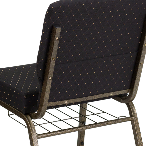 Black Dot Patterned Fabric/Gold Vein Frame |#| 21inchW Church Chair in Black Dot Patterned Fabric with Cup Book Rack - Gold Frame