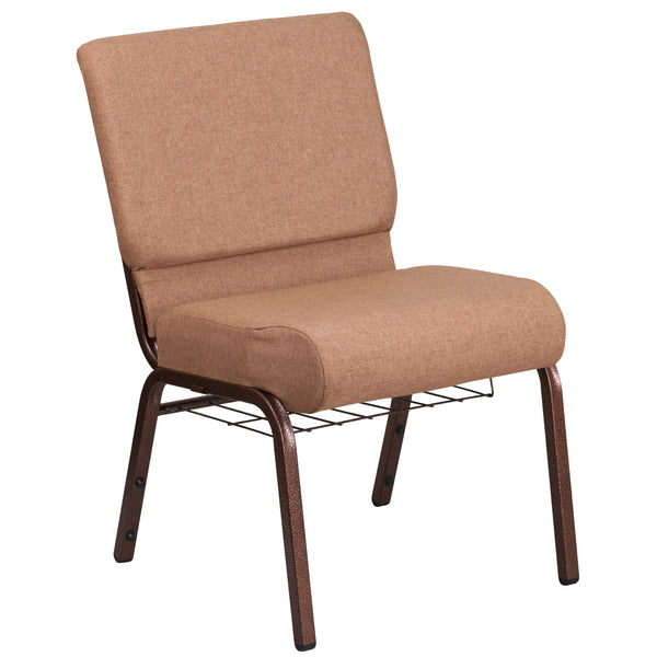 Caramel Fabric/Copper Vein Frame |#| 21inchW Church Chair in Caramel Fabric with Cup Book Rack - Copper Vein Frame