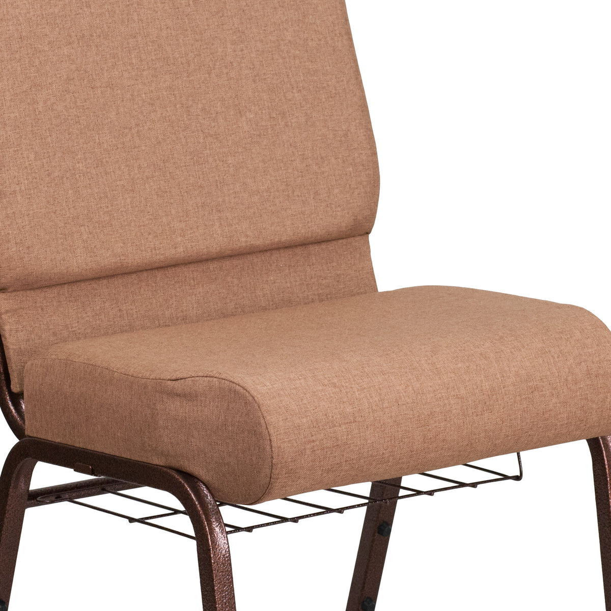 Caramel Fabric/Copper Vein Frame |#| 21inchW Church Chair in Caramel Fabric with Cup Book Rack - Copper Vein Frame