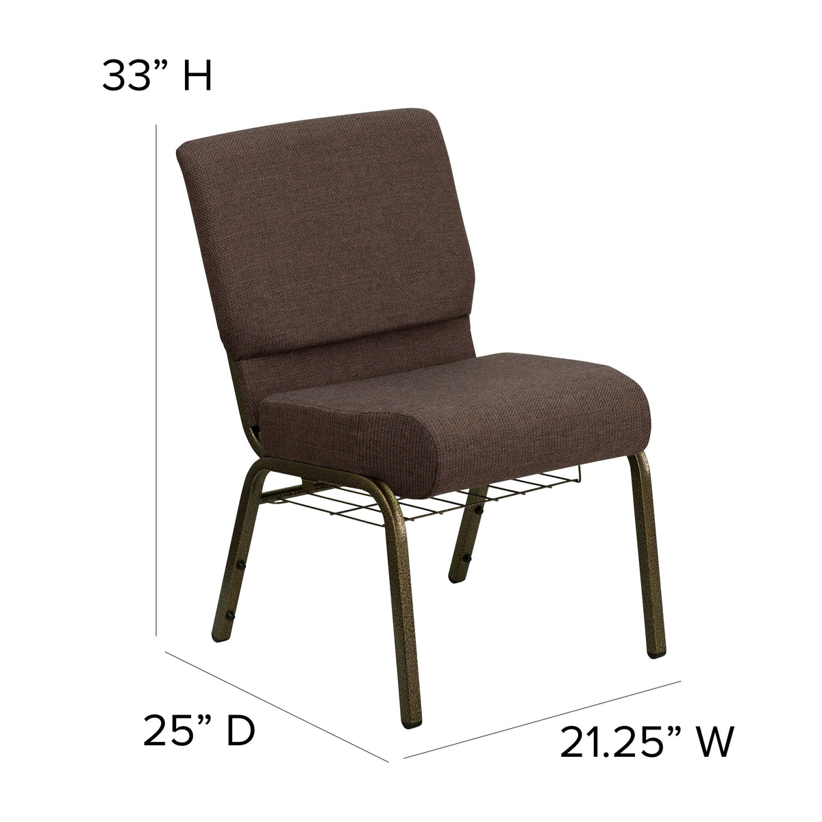 Brown Fabric/Gold Vein Frame |#| 21inchW Church Chair in Brown Fabric with Cup Book Rack - Gold Vein Frame