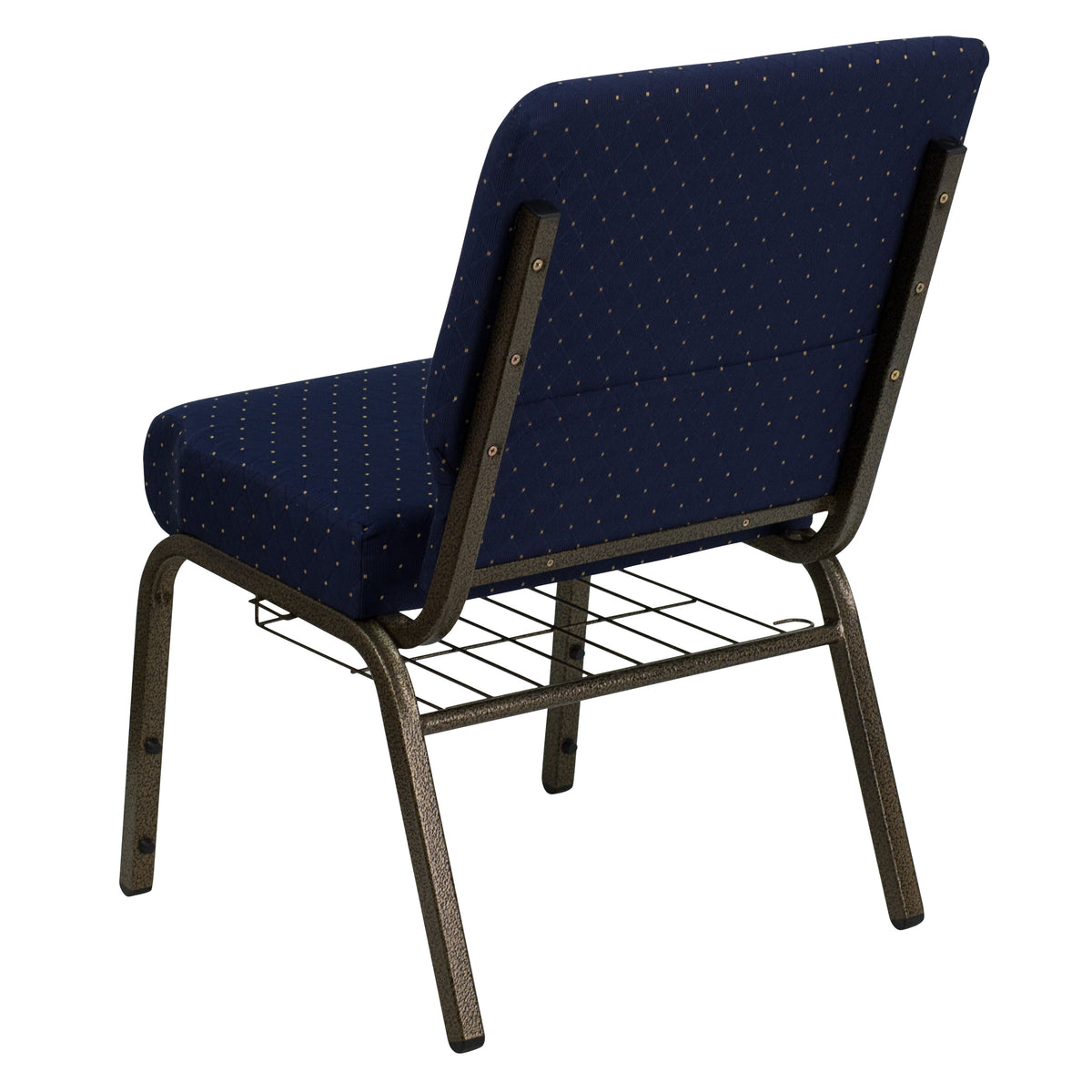 Navy Blue Dot Patterned Fabric/Gold Vein Frame |#| 21inchW Church Chair in Navy Blue Dot Patterned Fabric with Book Rack-Gold Frame