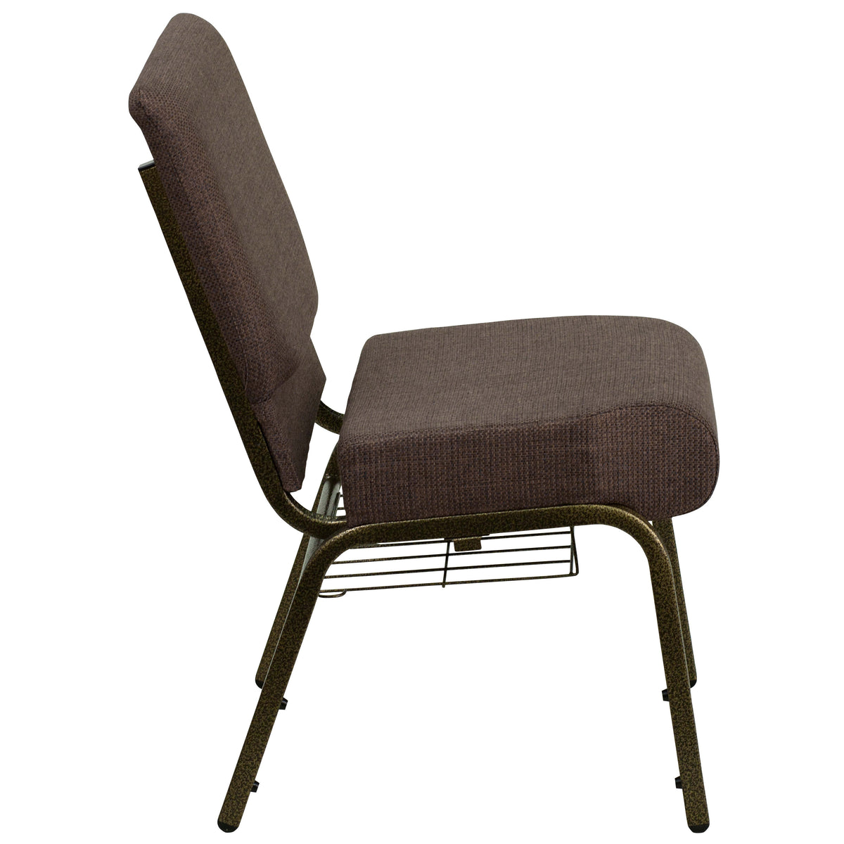 Brown Fabric/Gold Vein Frame |#| 21inchW Church Chair in Brown Fabric with Cup Book Rack - Gold Vein Frame