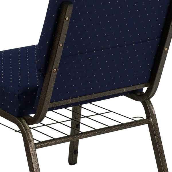 Navy Blue Dot Patterned Fabric/Gold Vein Frame |#| 21inchW Church Chair in Navy Blue Dot Patterned Fabric with Book Rack-Gold Frame