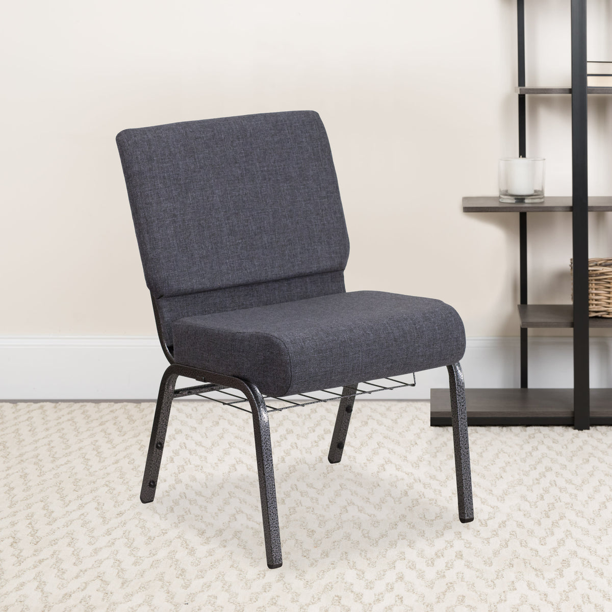 Dark Gray Fabric/Silver Vein Frame |#| 21inchW Church Chair in Dark Gray Fabric with Book Rack - Silver Vein Frame