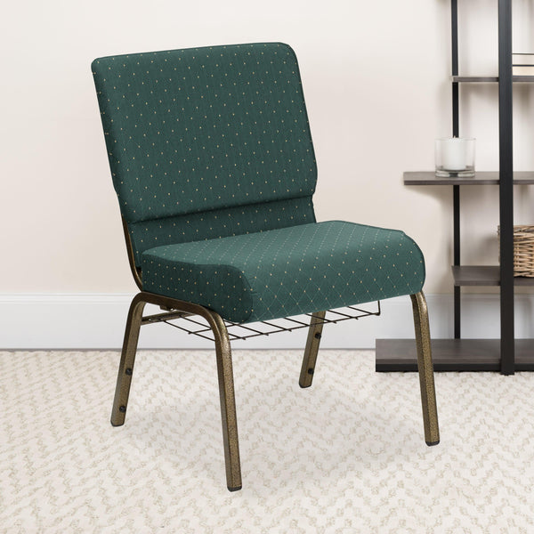 Hunter Green Dot Patterned Fabric/Gold Vein Frame |#| 21inchW Church Chair in Hunter Green Dot Patterned Fabric with Book Rack-Gold Frame