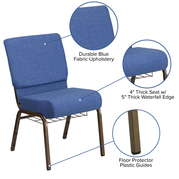 Blue Fabric/Gold Vein Frame |#| 21inchW Church Chair in Blue Fabric with Cup Book Rack - Gold Vein Frame