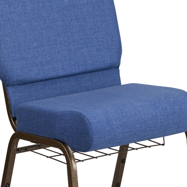 Blue Fabric/Gold Vein Frame |#| 21inchW Church Chair in Blue Fabric with Cup Book Rack - Gold Vein Frame