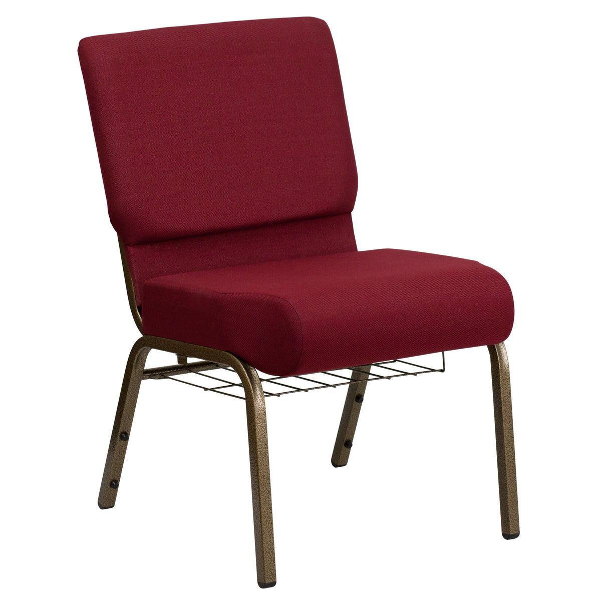 Burgundy Fabric/Gold Vein Frame |#| 21inchW Church Chair in Burgundy Fabric with Cup Book Rack - Gold Vein Frame