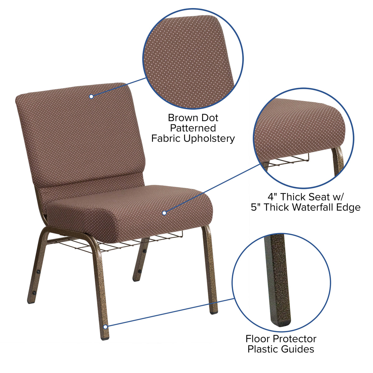 Brown Dot Fabric/Gold Vein Frame |#| 21inchW Church Chair in Brown Dot Fabric with Book Rack - Gold Vein Frame