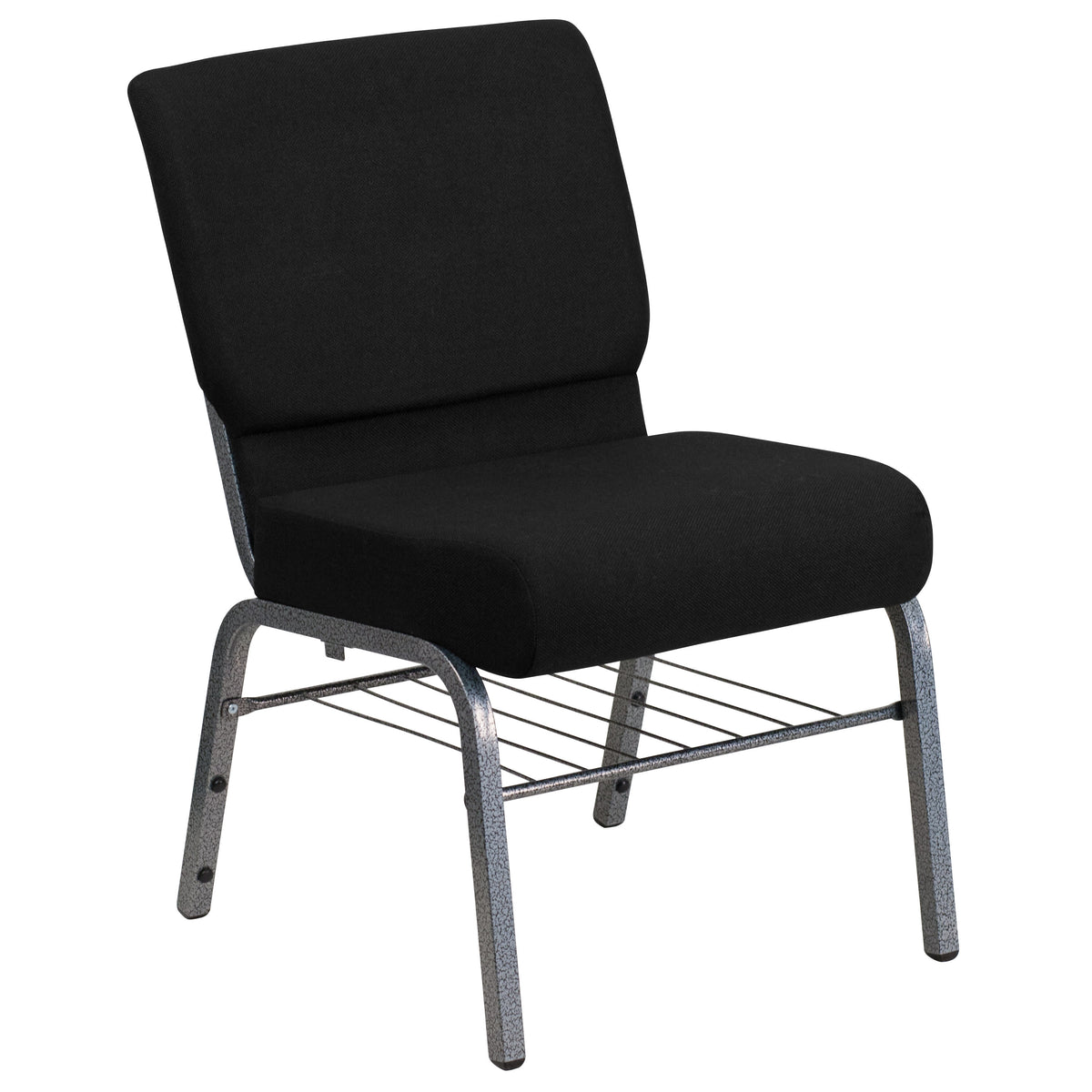 Black Fabric/Silver Vein Frame |#| 21inchW Church Chair in Black Fabric with Book Rack - Silver Vein Frame