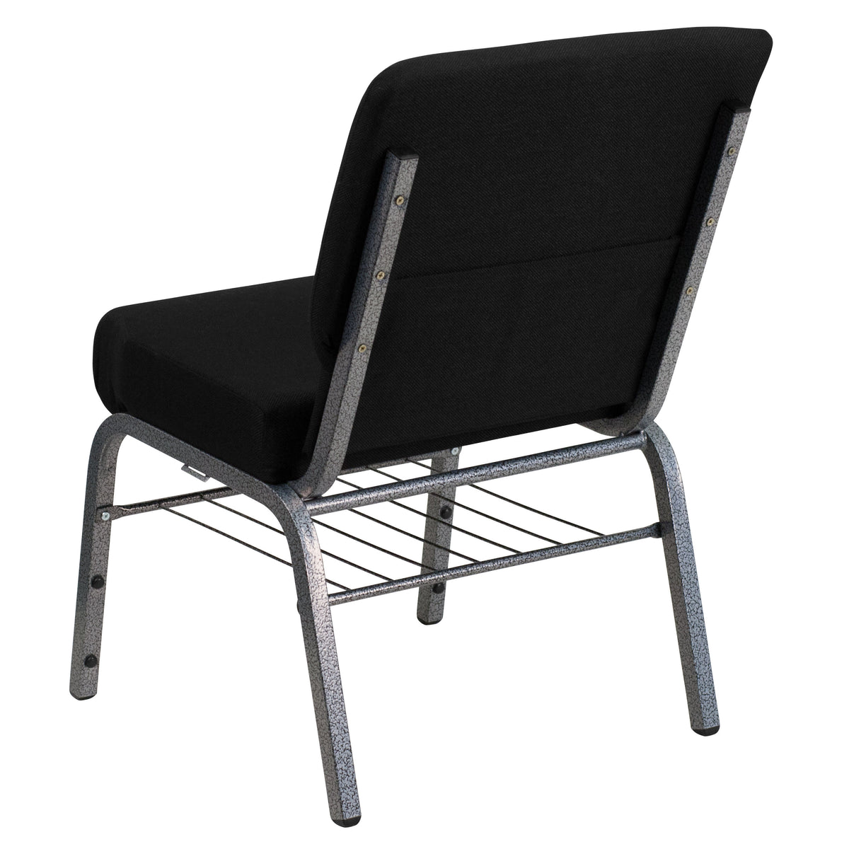 Black Fabric/Silver Vein Frame |#| 21inchW Church Chair in Black Fabric with Book Rack - Silver Vein Frame