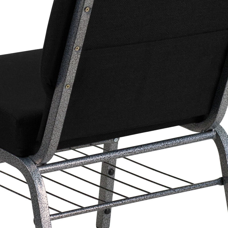 Black Fabric/Silver Vein Frame |#| 21inchW Church Chair in Black Fabric with Book Rack - Silver Vein Frame