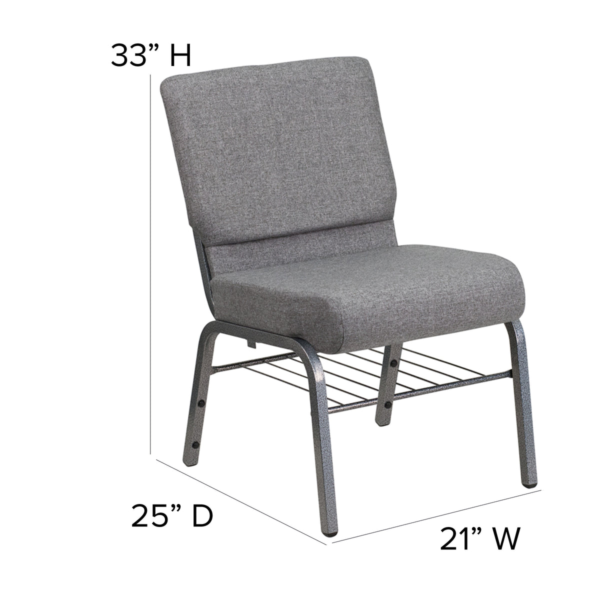 Gray Fabric/Silver Vein Frame |#| 21inchW Church Chair in Gray Fabric with Book Rack - Silver Vein Frame