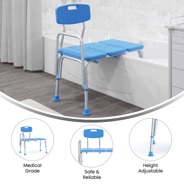 Blue |#| Adjustable Bath & Shower Medical Transfer Bench with Back and Side Arm in Blue