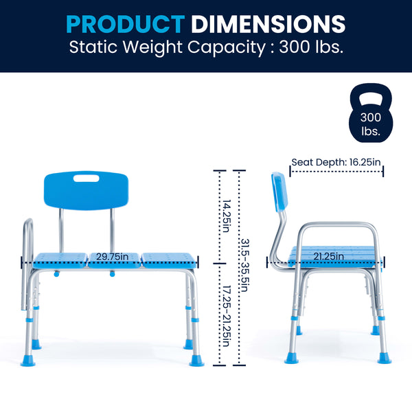 Blue |#| Adjustable Bath & Shower Medical Transfer Bench with Back and Side Arm in Blue