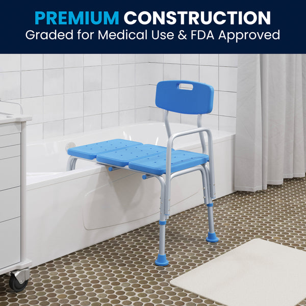 Blue |#| Adjustable Bath & Shower Medical Transfer Bench with Back and Side Arm in Blue