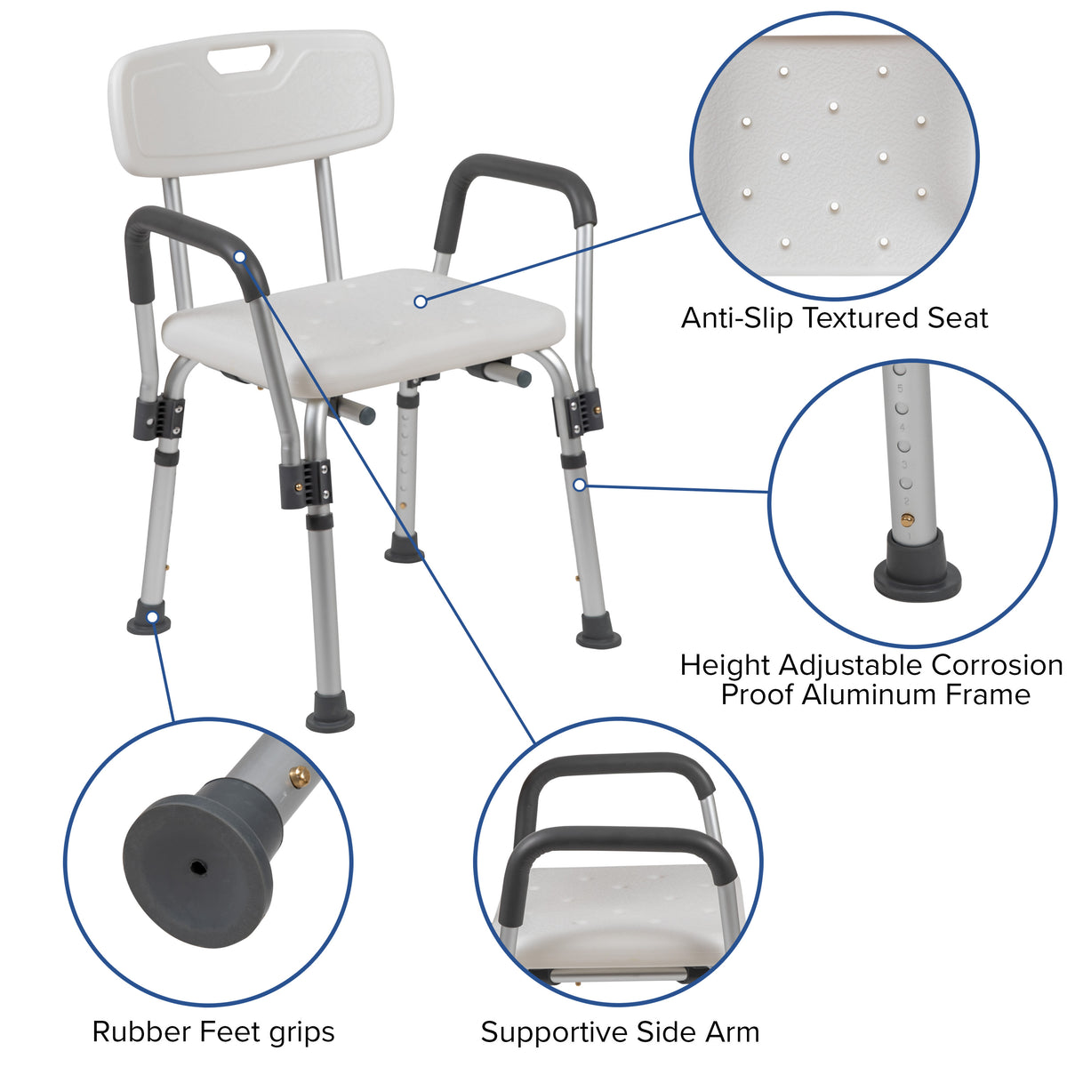 White |#| 300 Lb. Capacity Adjustable White Bath & Shower Chair with Depth Adjustable Back