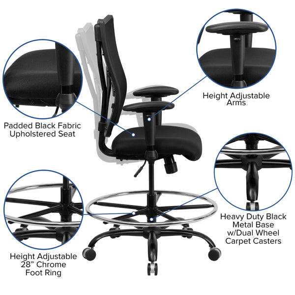 Big & Tall 400 lb. Rated Black Mesh Ergonomic Drafting Chair w/ Adjustable Arms