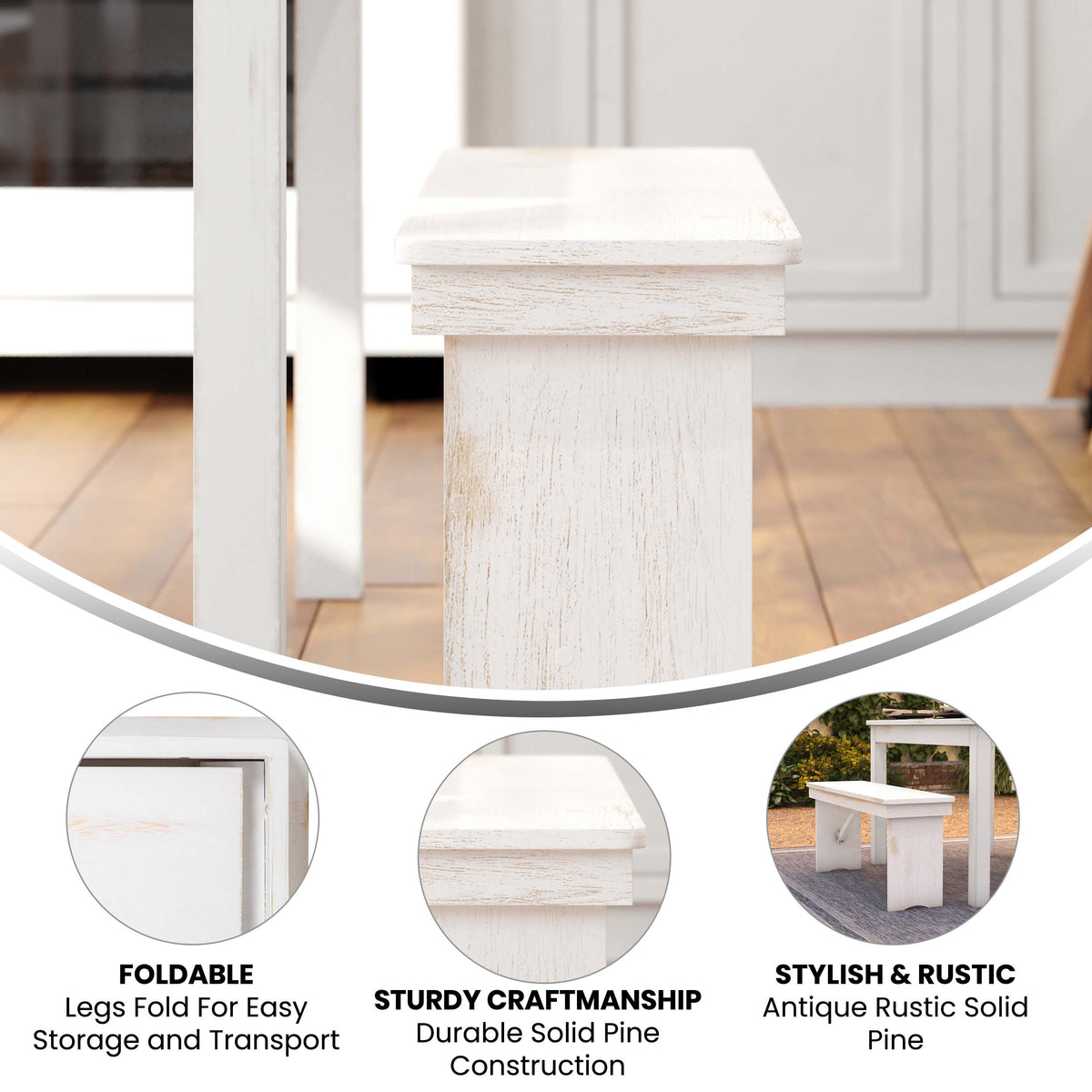 Antique Rustic White |#| 40" x 12" Antique Rustic White Solid Pine Folding Farm Bench - Portable Bench