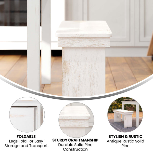 Antique Rustic White |#| 40" x 12" Antique Rustic White Solid Pine Folding Farm Bench - Portable Bench