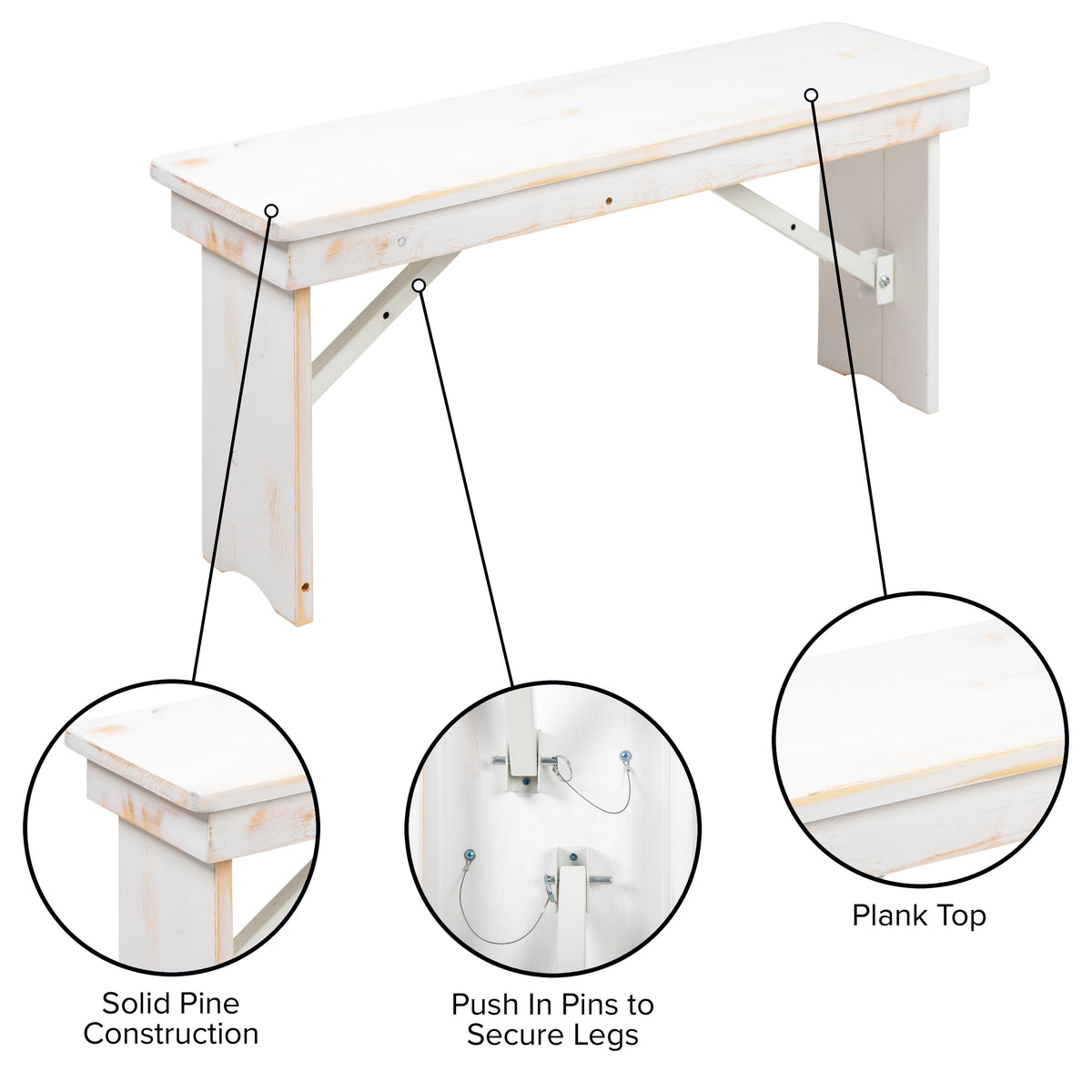 Antique Rustic White |#| 40" x 12" Antique Rustic White Solid Pine Folding Farm Bench - Portable Bench