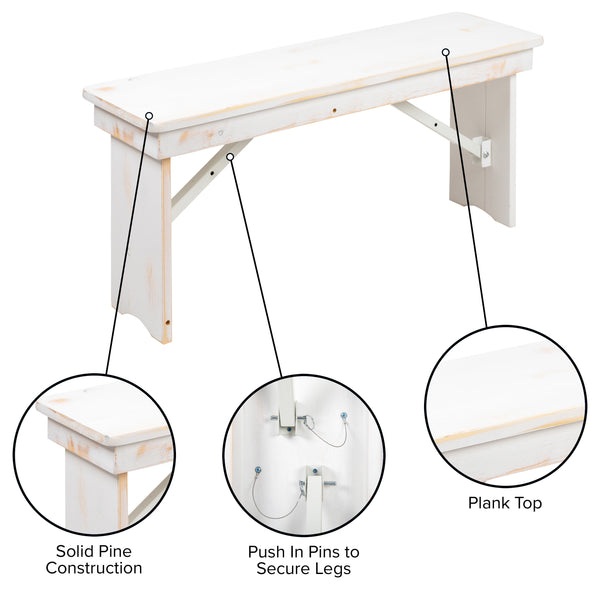 Antique Rustic White |#| 40" x 12" Antique Rustic White Solid Pine Folding Farm Bench - Portable Bench