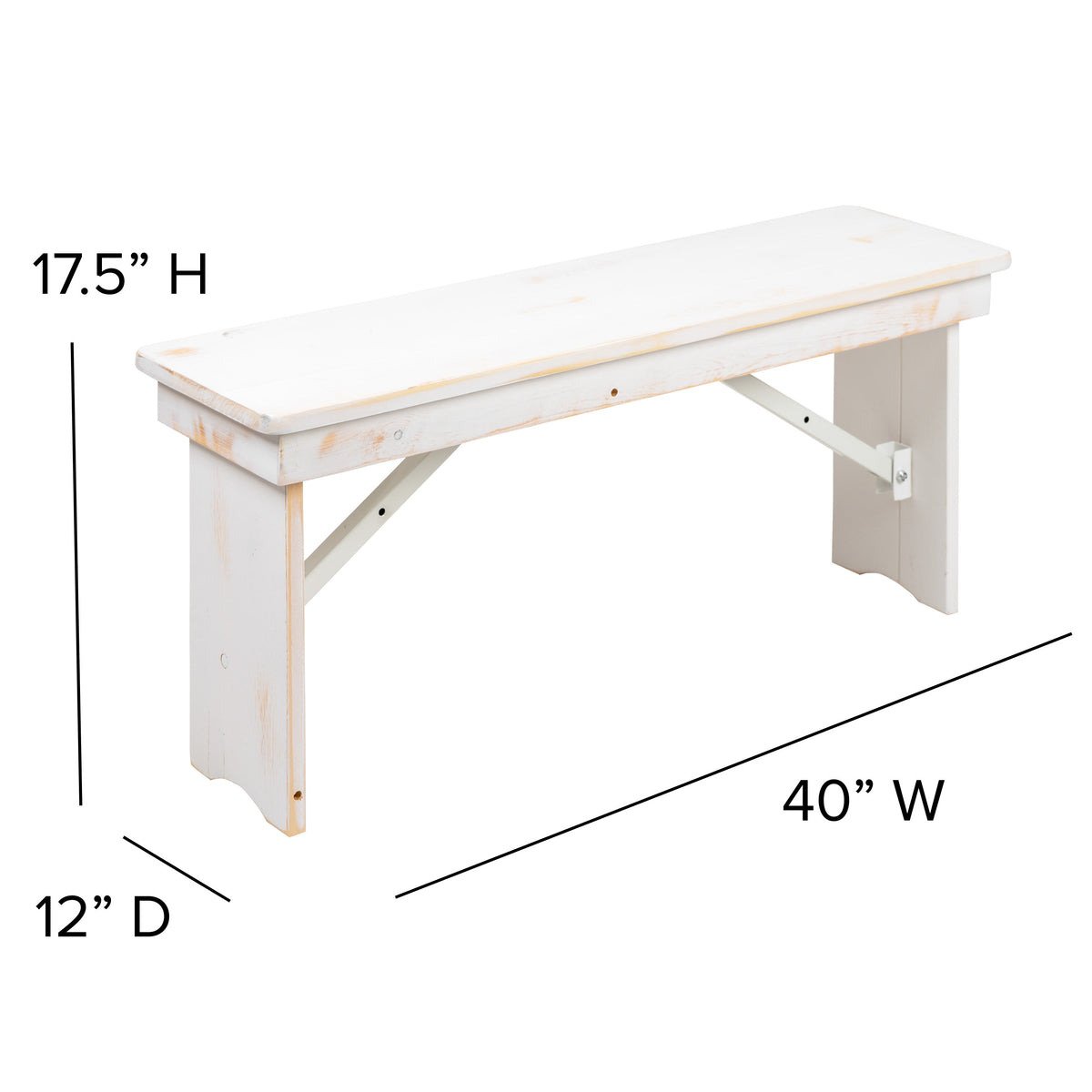 Antique Rustic White |#| 40" x 12" Antique Rustic White Solid Pine Folding Farm Bench - Portable Bench