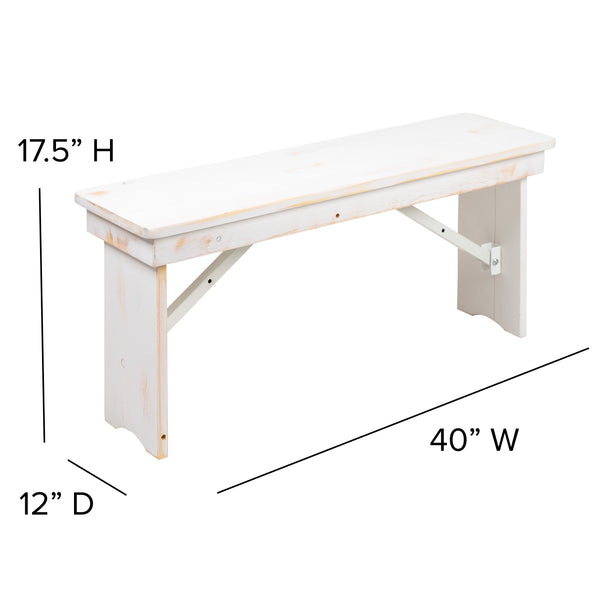 Antique Rustic White |#| 40" x 12" Antique Rustic White Solid Pine Folding Farm Bench - Portable Bench