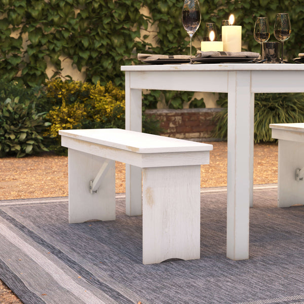 Antique Rustic White |#| 40" x 12" Antique Rustic White Solid Pine Folding Farm Bench - Portable Bench