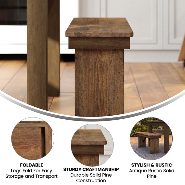 Antique Rustic |#| 40" x 12" Antique Rustic Solid Pine Folding Farm Bench