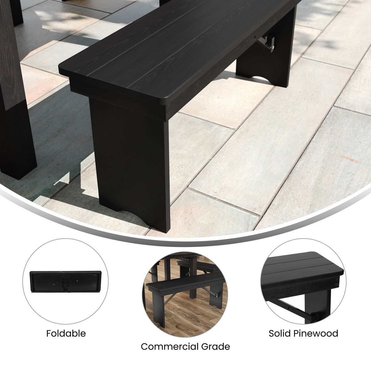 Black Wash |#| 40" x 12" Antique Solid Pine Farmhouse Folding Bench in Black Wash