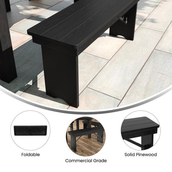 Black Wash |#| 40" x 12" Antique Solid Pine Farmhouse Folding Bench in Black Wash