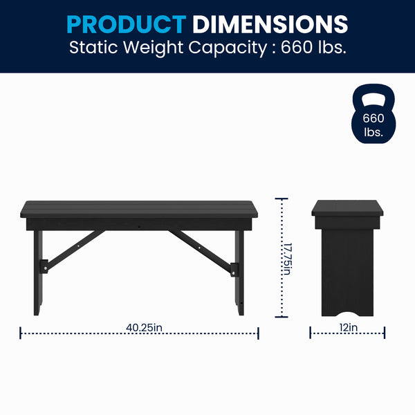 Black Wash |#| 40" x 12" Antique Solid Pine Farmhouse Folding Bench in Black Wash