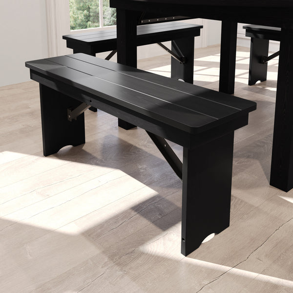 Black Wash |#| 40" x 12" Antique Solid Pine Farmhouse Folding Bench in Black Wash