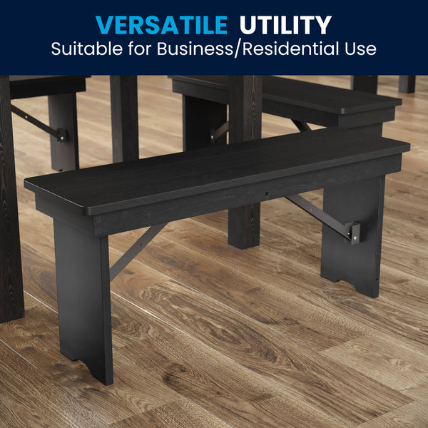 Black Wash |#| 40" x 12" Antique Solid Pine Farmhouse Folding Bench in Black Wash