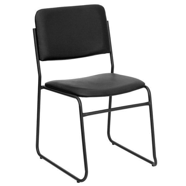 Black Vinyl/Black Frame |#| 500 lb. Capacity High Density Black Vinyl Stacking Chair with Sled Base