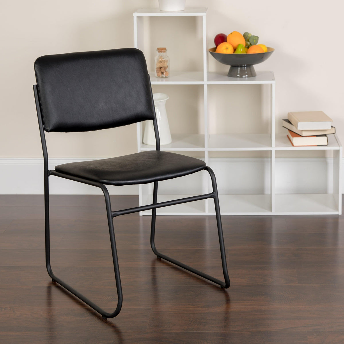 Black Vinyl/Black Frame |#| 500 lb. Capacity High Density Black Vinyl Stacking Chair with Sled Base