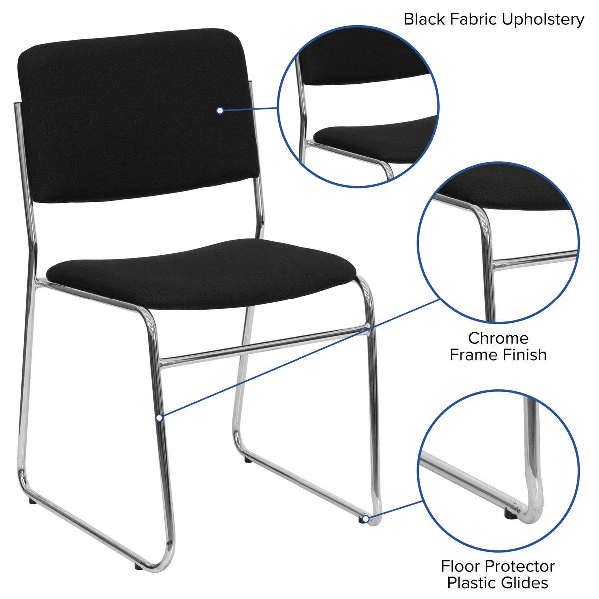 Black Fabric/Chrome Frame |#| 500 lb. Capacity Black Fabric High Density Stacking Chair with Chrome Sled Base