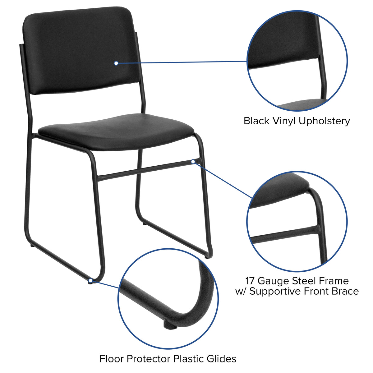 Black Vinyl/Black Frame |#| 500 lb. Capacity High Density Black Vinyl Stacking Chair with Sled Base