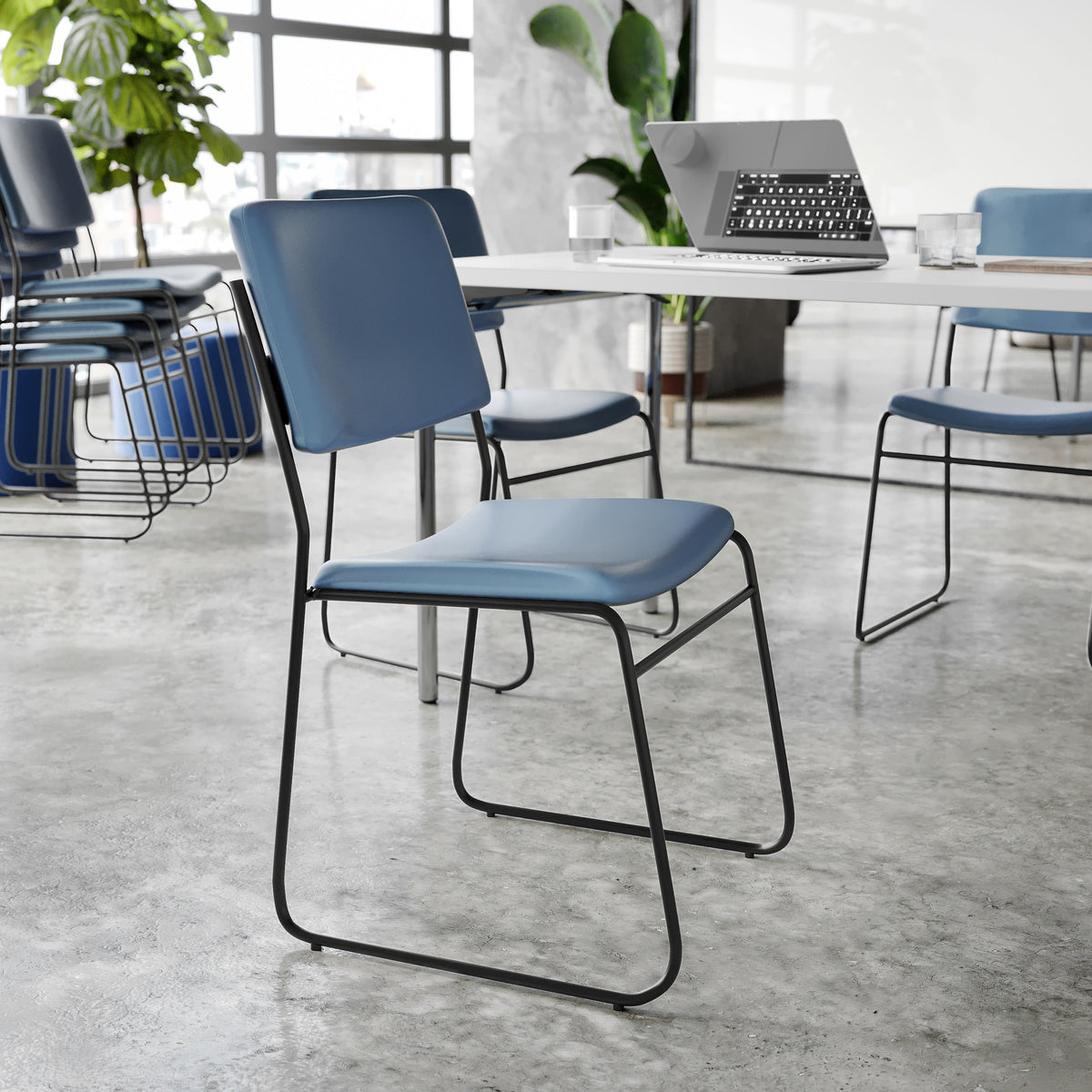 Navy Vinyl/Black Frame |#| 500 lb. Capacity High Density Navy Vinyl Stacking Chair with Sled Base