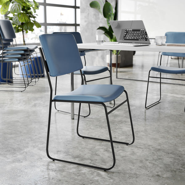 Navy Vinyl/Black Frame |#| 500 lb. Capacity High Density Navy Vinyl Stacking Chair with Sled Base