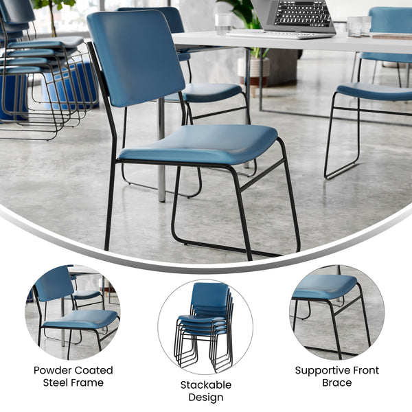 Navy Vinyl/Black Frame |#| 500 lb. Capacity High Density Navy Vinyl Stacking Chair with Sled Base