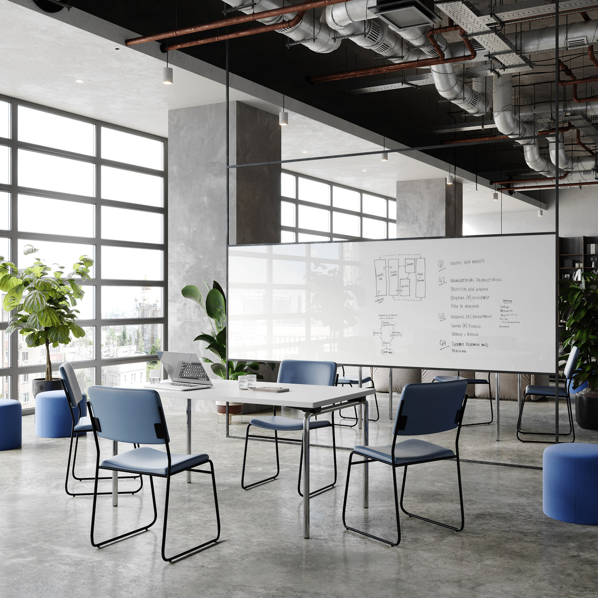 Navy Vinyl/Black Frame |#| 500 lb. Capacity High Density Navy Vinyl Stacking Chair with Sled Base