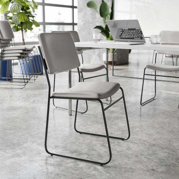 Gray Vinyl/Black Frame |#| 500 lb. Capacity High Density Gray Vinyl Stacking Chair with Sled Base