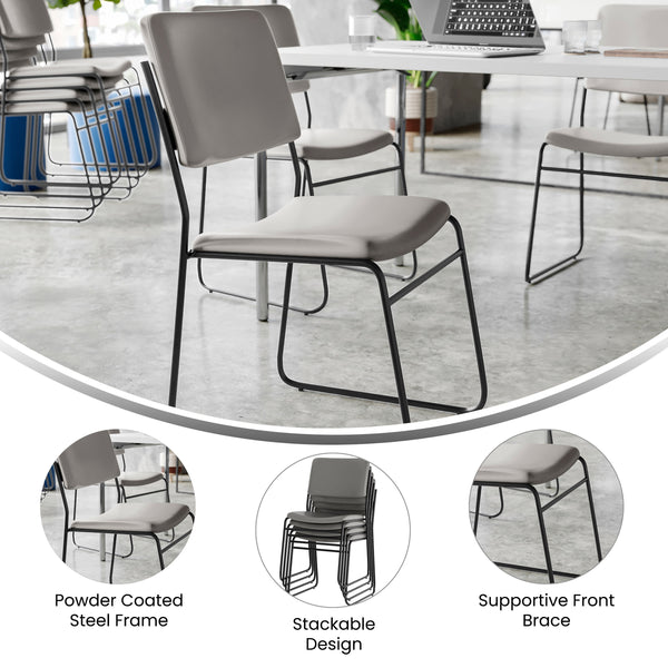Gray Vinyl/Black Frame |#| 500 lb. Capacity High Density Gray Vinyl Stacking Chair with Sled Base