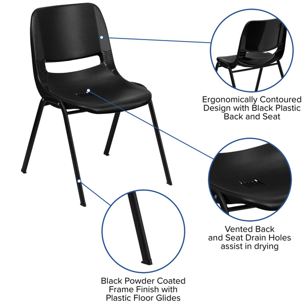 Black Plastic/Black Frame |#| 661 lb. Capacity Black Ergonomic Stack Chair w/ Black Frame-16inch Seat Height